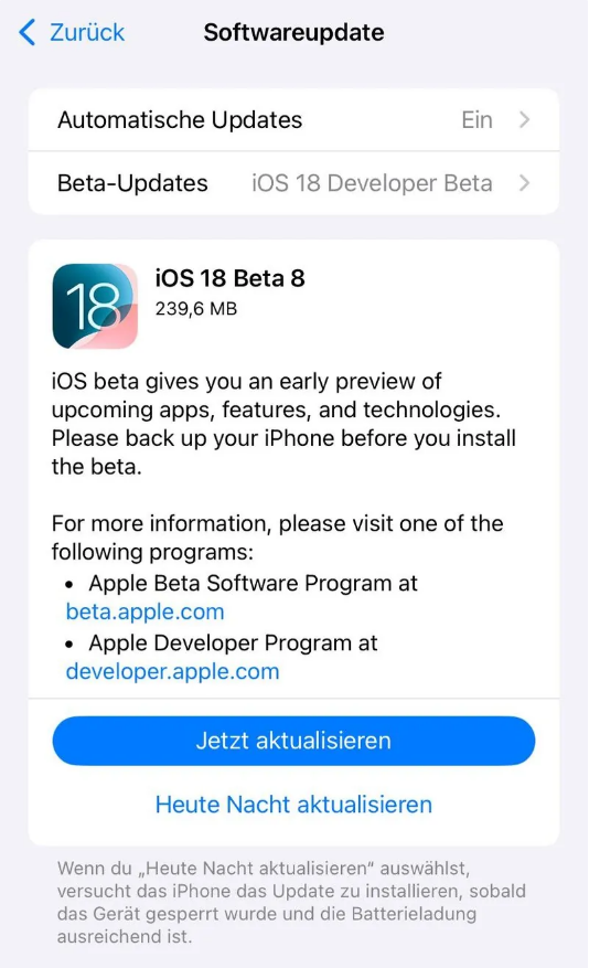 南川苹果手机维修分享苹果 iOS / iPadOS 18 开发者预览版 Beta 8 发布 